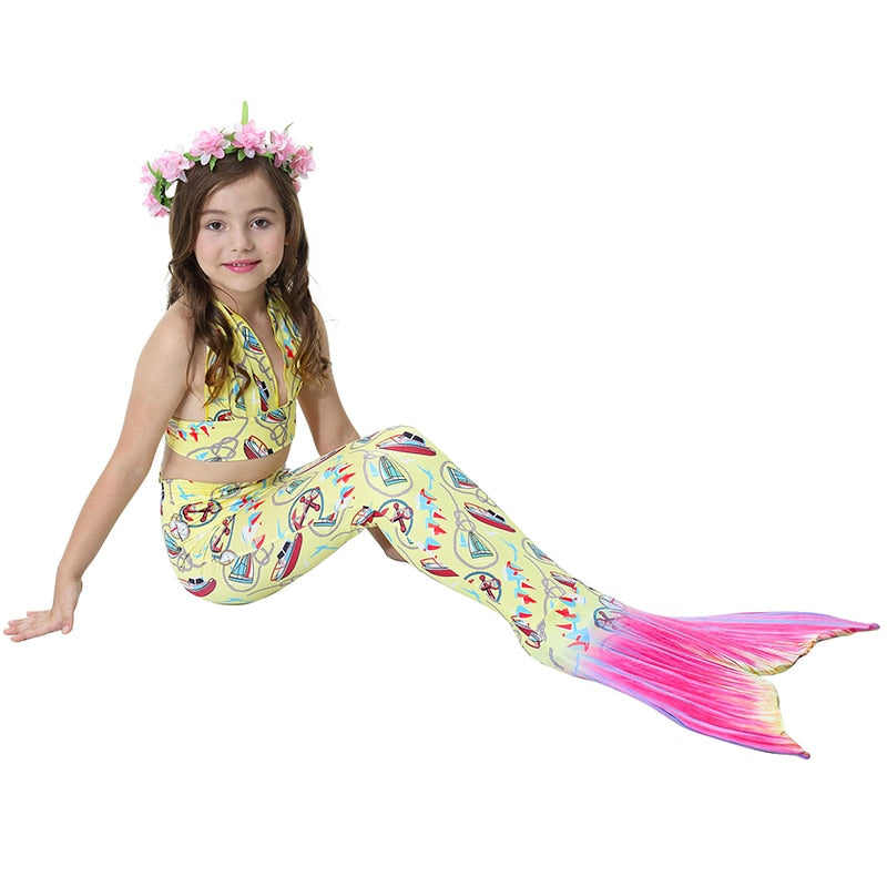 Menoea 3-15 Years Girls Summer Sets 2020 Children Little Mermaid Tail Bikini Suits Swimming Costume Clothing Sets 3PCS Clothes