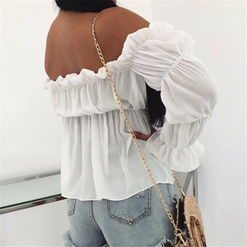 Hirigin 2021 Elegant Women Off Shoulder Chiffon Blouse Fashion Solid Color Pleated Sexy Shirt New Office Street Tops and Blouses