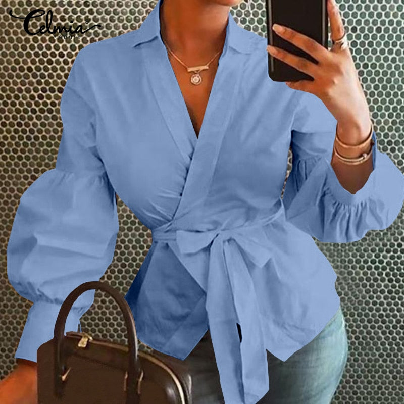 Celmia Women Tops Blouse 2022 Autumn Sexy V-neck Point Dot Elegant Party Shirt Casual Loose Belted Lantern Sleeve Tunic Blusas