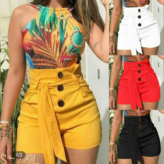 Women Shorts High Waist Casual with Solid Beach Belt