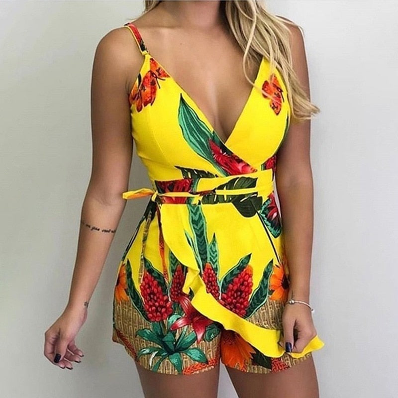 Women&#39;s Summer Print Jumpsuit Short Pants Casual Slim Bandage V-Neck Beach Rompers Sleeveless Bodysuit Sexy Playsuit