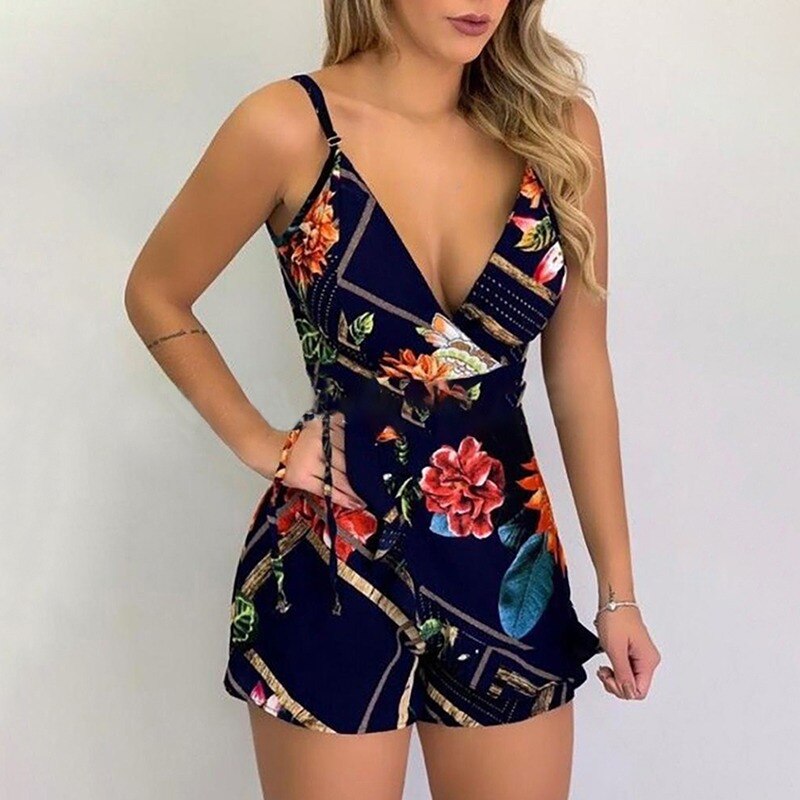 Women&#39;s Summer Print Jumpsuit Short Pants Casual Slim Bandage V-Neck Beach Rompers Sleeveless Bodysuit Sexy Playsuit