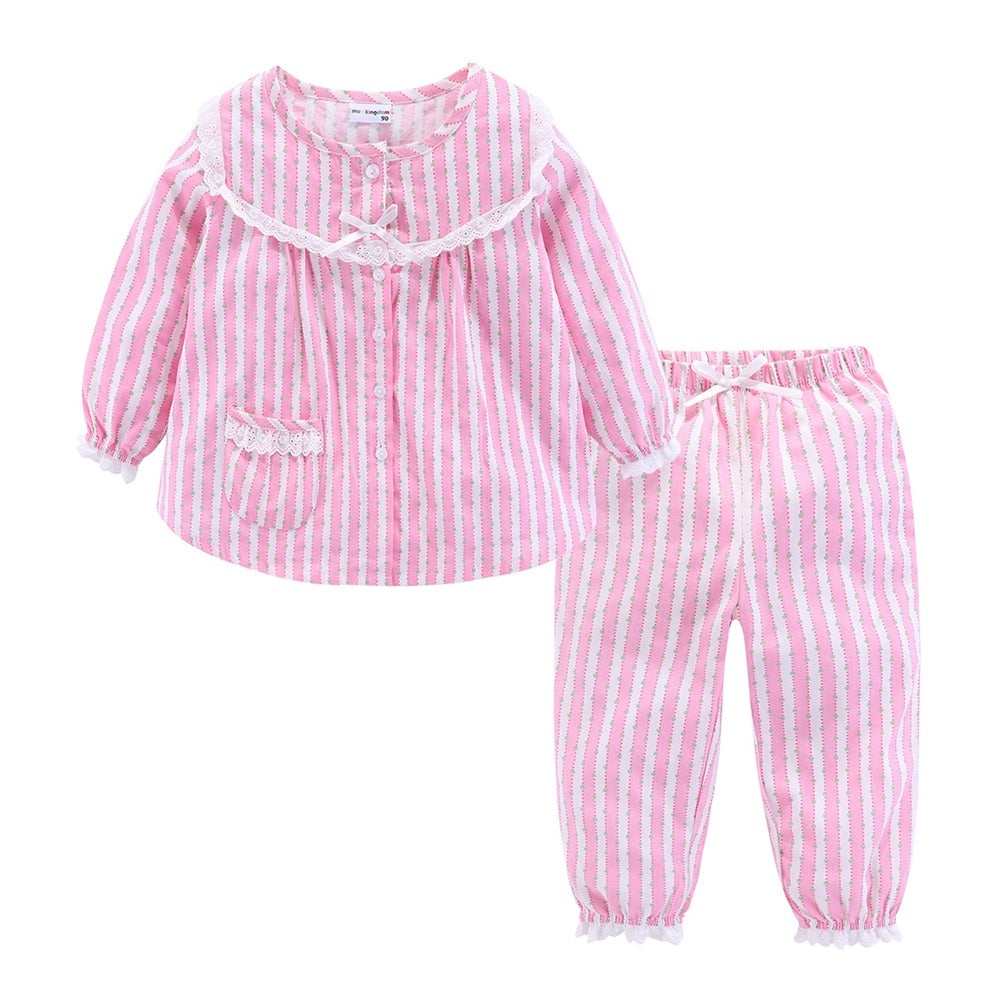 Mudkingdom Boutique Girls Pajama Sets Spring Autumn Cute Lace Striped Heart Toddler Pajamas Kids Sleepwear Sleeping Clothes