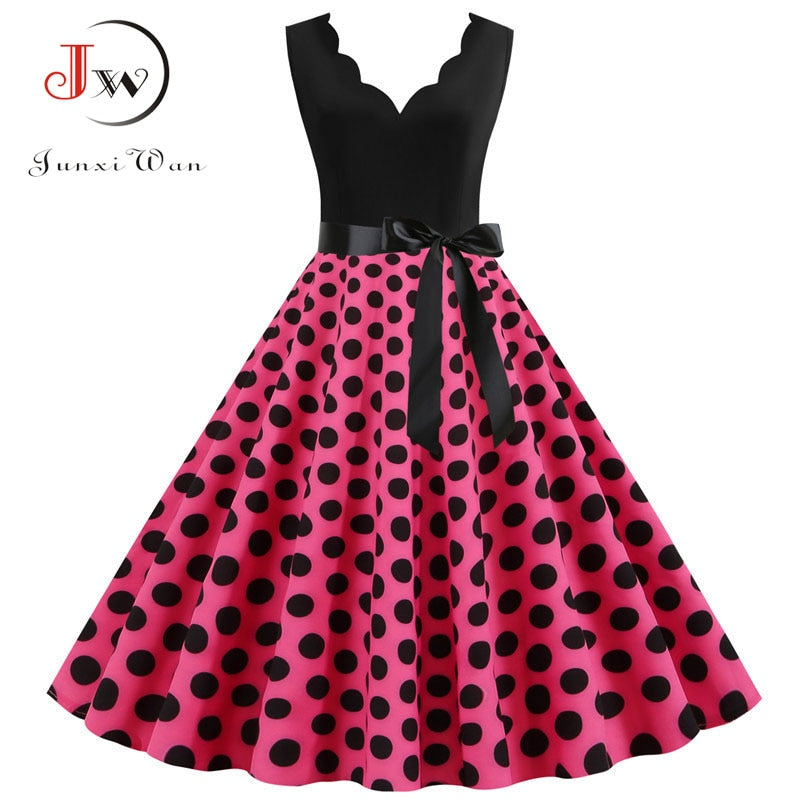 Polka Dot Print Vintage Women Summer Dress Black Patchwork Sleeveless V neck Elegant Party Dresses Casual Robe Midi