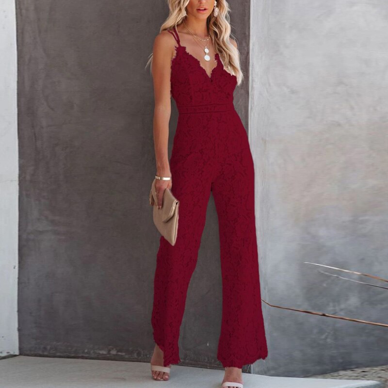 Elegant Office Lady Jumpsuit Sexy Crochet Lace Embroidery Autumn Playsuit Women Summer Sleeveless Strap Party Jumpsuits Overalls