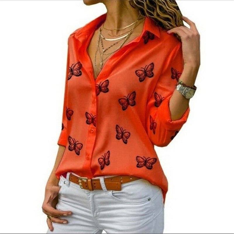 Fashion Butterfly Print Casual Blouse Long Sleeve Elegant Women Tops Single Row Button Streetwear Ladies Black White Shirt