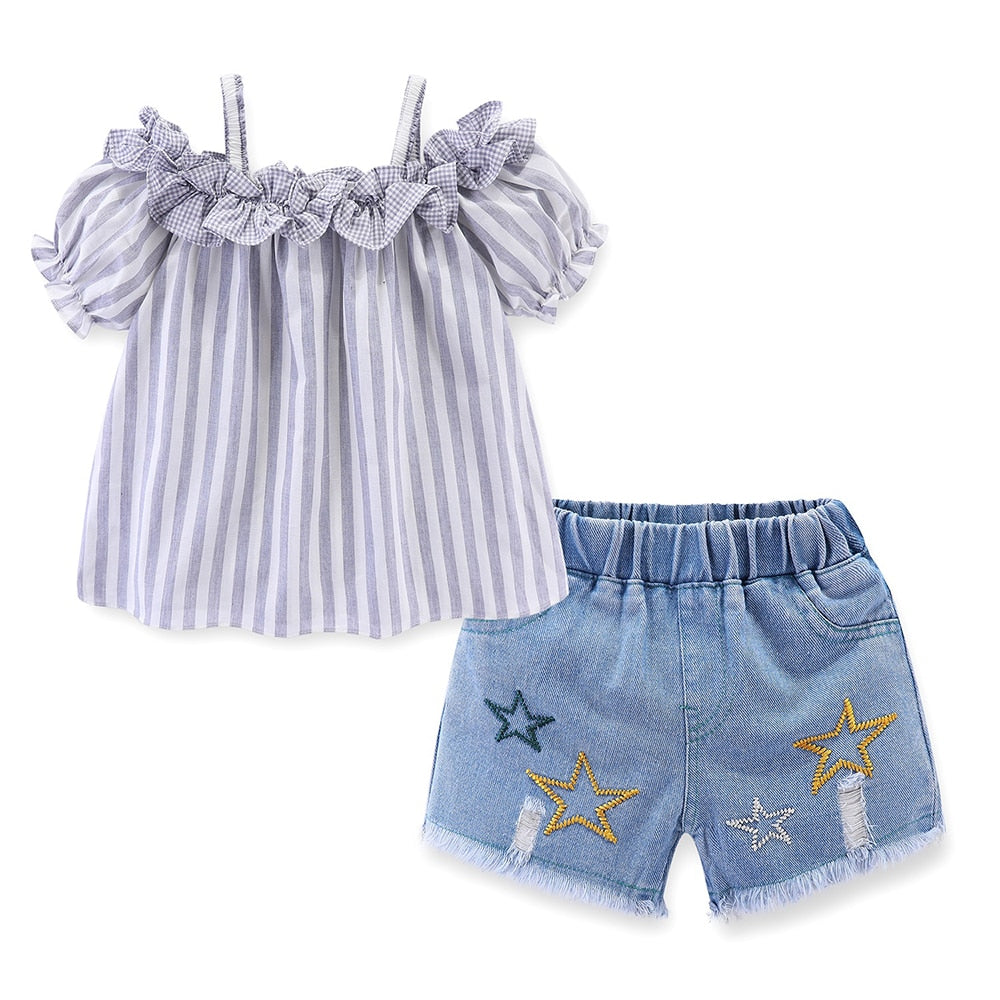 Mudkingdom Girls Outfits Ruffle Collar Striped Tops Denim Shorts Set for Girl Clothes Strap Shirt Jean Shorts Suit Toddler Set