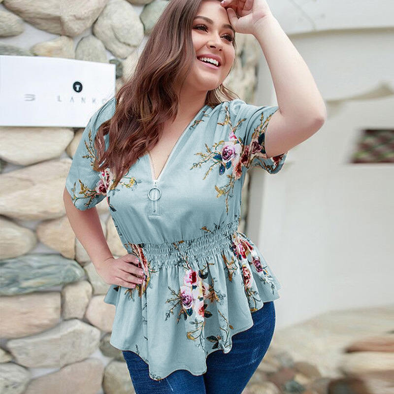 2021 Summer Plus Size Blouse Women Elegant Boho Floral Blouse Shirt Women V-neck Short Sleeve Oversized Blouse Ladies 3XL 4XL