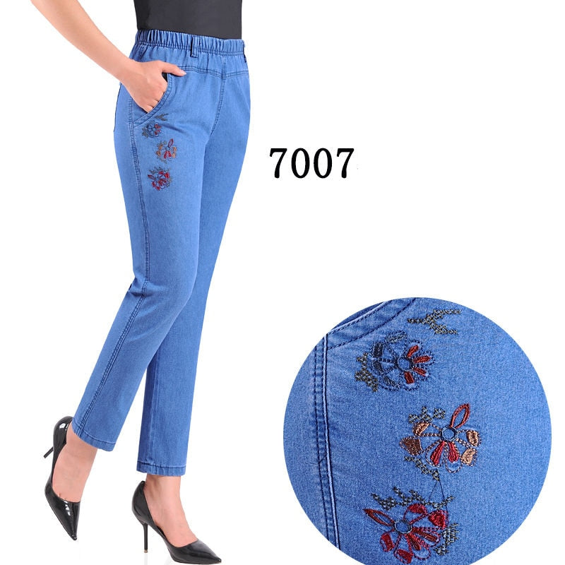 Mom Jeans Denim Trousers Womens Jeans Baggy High Waist  Casual Embroidery