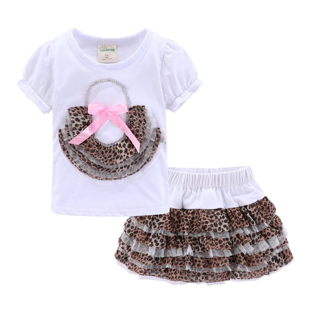 Mudkingdom Cute Summer Girls Clothes Set Kids Clothing Leopard Zebra Short Sleeve Tshirt and Skirt Outfit for Toddler Suit