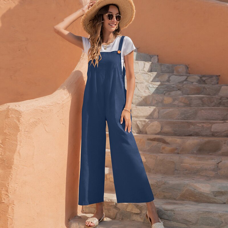 Overalls For Women Spaghetti Strap Long Playsuit Vintage Wide Leg Casual Rompers 2022 Spring Black Jumpsuits With Pocket