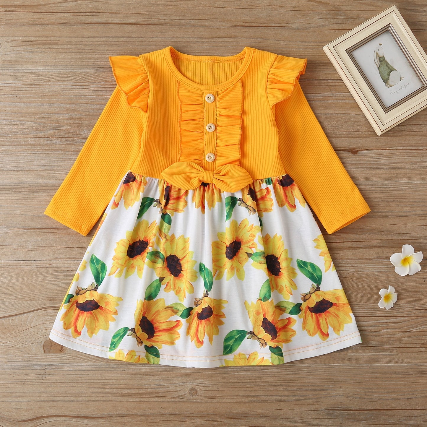 Mudkingdom Long Sleeve  Dresses for Little Girls Sunflower Pattern Print Ruffle Bow Girls Casual Dress for Kids Clothing Spring