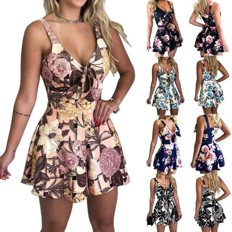 Women&#39;s Summer Print Jumpsuit Short Pants Casual Slim Bandage V-Neck Beach Rompers Sleeveless Bodysuit Sexy Playsuit