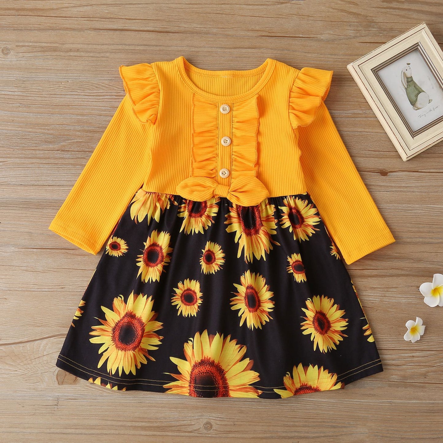 Mudkingdom Long Sleeve  Dresses for Little Girls Sunflower Pattern Print Ruffle Bow Girls Casual Dress for Kids Clothing Spring