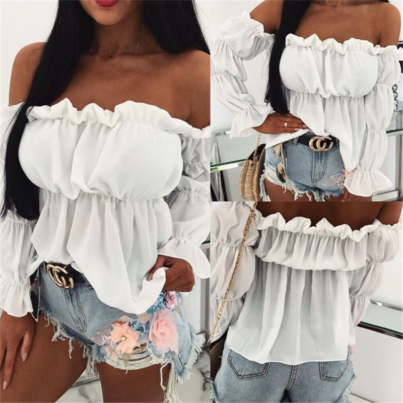 Hirigin 2021 Elegant Women Off Shoulder Chiffon Blouse Fashion Solid Color Pleated Sexy Shirt New Office Street Tops and Blouses