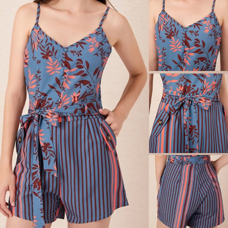 Women&#39;s Summer Print Jumpsuit Short Pants Casual Slim Bandage V-Neck Beach Rompers Sleeveless Bodysuit Sexy Playsuit