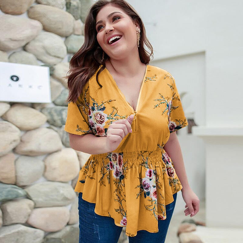 2021 Summer Plus Size Blouse Women Elegant Boho Floral Blouse Shirt Women V-neck Short Sleeve Oversized Blouse Ladies 3XL 4XL