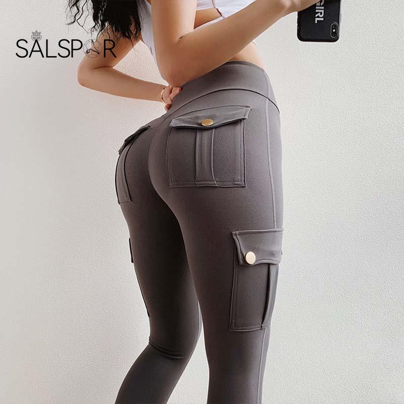 SALSPOR Women Leggings Fitness Sports High Waist Leggins Pocket Push Up Pants Workout Leggings Cargo Pants Casual Hip Pop Pants