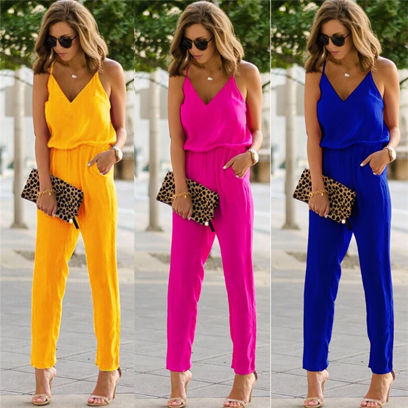 2022 Summer Women Holiday Casual Sleeveless Jumpsuits Fashion Ladies  Solid Color Bodysuit Wide Leg Loose Long Pants Trousers