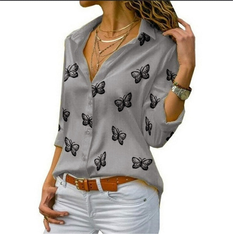 Fashion Butterfly Print Casual Blouse Long Sleeve Elegant Women Tops Single Row Button Streetwear Ladies Black White Shirt