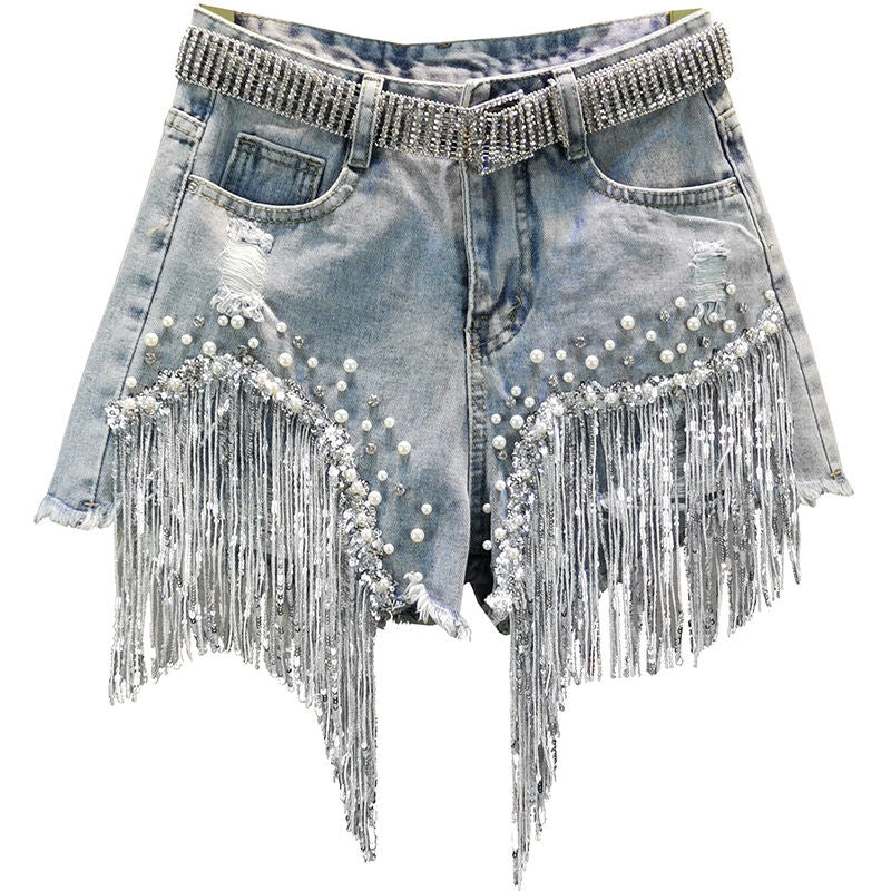 2021 Women Spring Summer New Elegant Shorts Lady Tassel Beading High Waist Wide Leg Denim Shorts Female Casual Solid Shorts