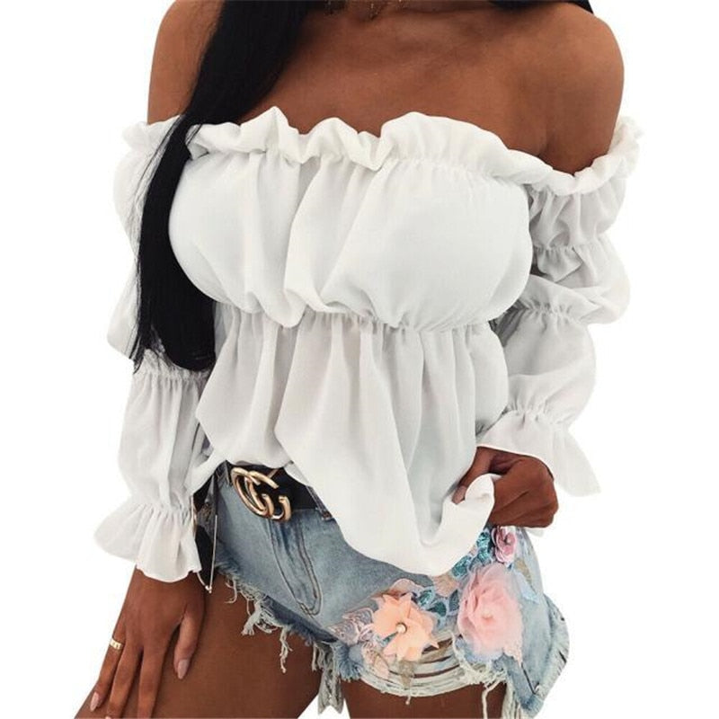 Hirigin 2021 Elegant Women Off Shoulder Chiffon Blouse Fashion Solid Color Pleated Sexy Shirt New Office Street Tops and Blouses