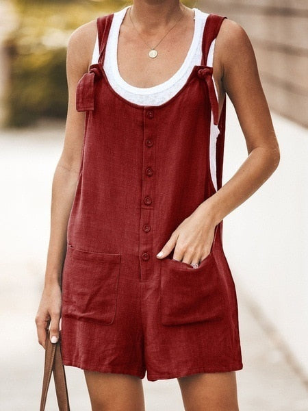 Summer Women Sleeveless Overalls Elegant Jumpsuits Romper Casual Vintage Ladies Short Pants Cotton and linen Wide Leg Pants