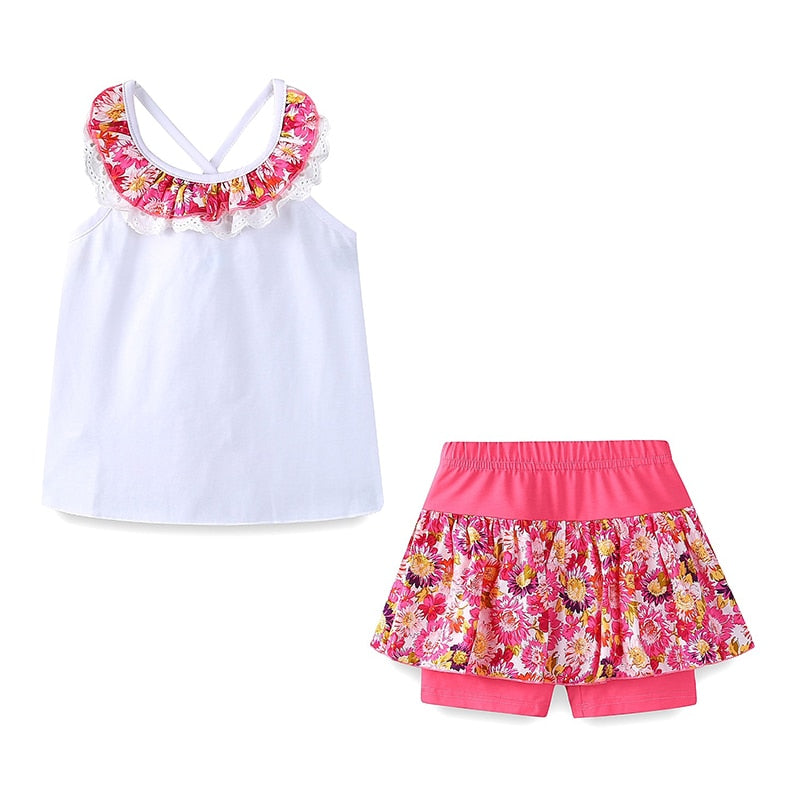 Mudkingdom Floral Summer Girls Outfits Backless Flower Cold Shoulder Tops and Skirted Short Clothes Set for Girls Beach Holiday