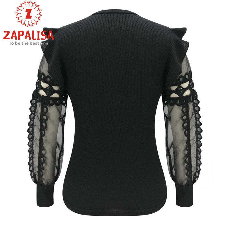 Zapalisa Knit Spring Elegant Women Tops Solid Color Female Blouses Long Sleeve Ruffles Sexy Hollow Out Lace Spliced