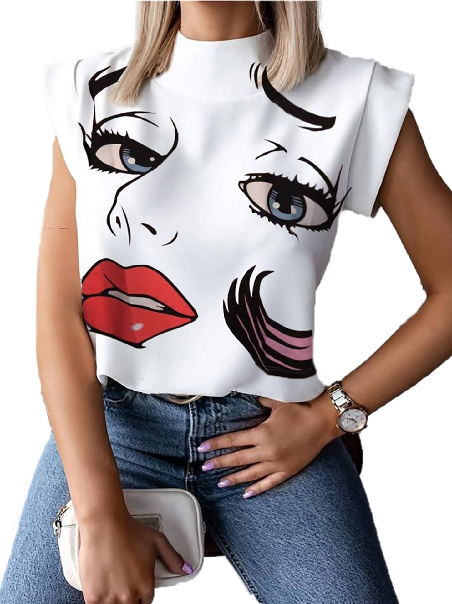 Fashion Women Elegant Lips Print Tops and Blouse Shirts 2021 Summer Ladies Office Casual Stand Neck Pullovers Eye Blusa Tops