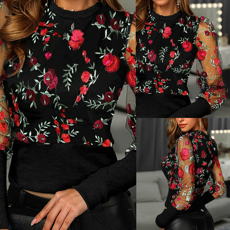 Sexy Women Spring Fall Embroidery Floral Shirt Blouses Tops OL Elegant Mesh See Through Puff Long Sleeve Shirt Patchwork Outwear