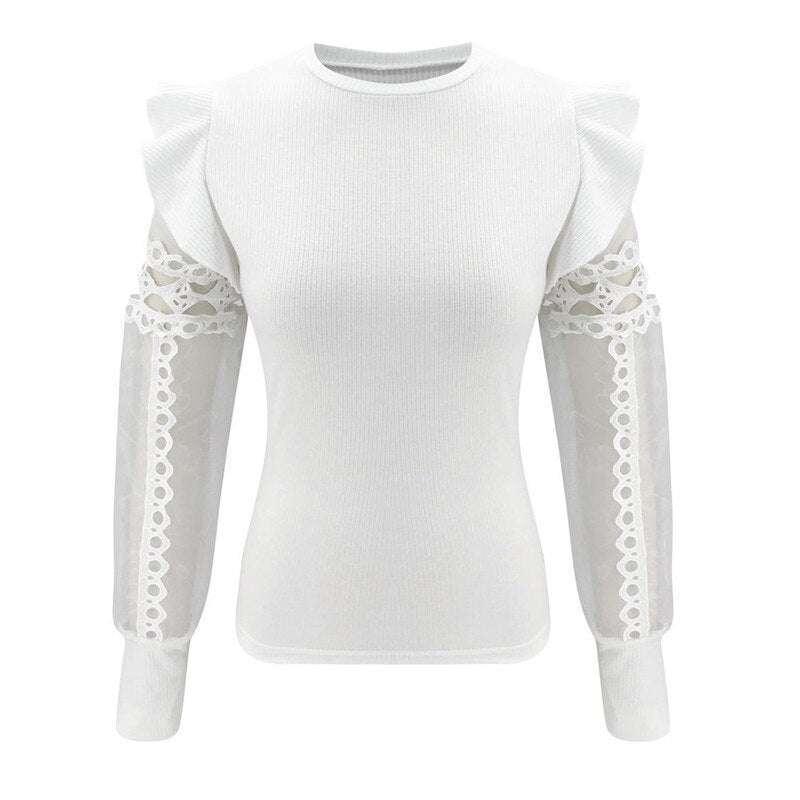 Zapalisa Knit Spring Elegant Women Tops Solid Color Female Blouses Long Sleeve Ruffles Sexy Hollow Out Lace Spliced