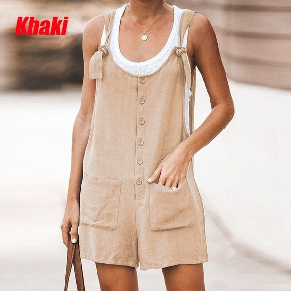 Summer Women Sleeveless Overalls Elegant Jumpsuits Romper Casual Vintage Ladies Short Pants Cotton and linen Wide Leg Pants