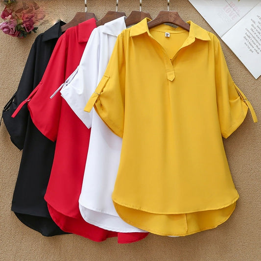 Plus Size Women Solid color Loose Blouse Short Sleeve Turn-Down Collar Button Shirts Chic Oversized Casual Office Mid-length top