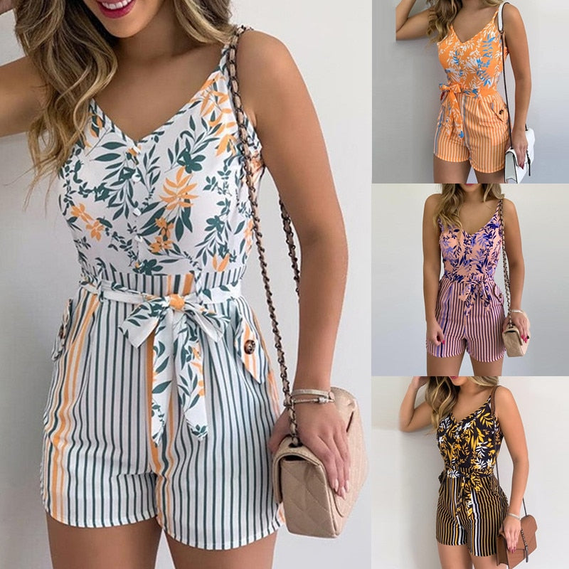 Women&#39;s Summer Print Jumpsuit Short Pants Casual Slim Bandage V-Neck Beach Rompers Sleeveless Bodysuit Sexy Playsuit