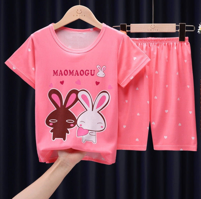 The New Casual Kids Short Sleeve Pajama Set Children Clothing Summer Boys Girls Home Clothes Tops+Shorts Suit Costumes