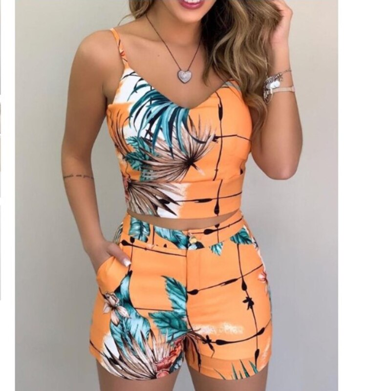 Fashion Women Shorts Suits 2 Pieces Sets Summer Office Lady Floral Strap Tank Crop Top+High Waist Button Shorts Female Outfits