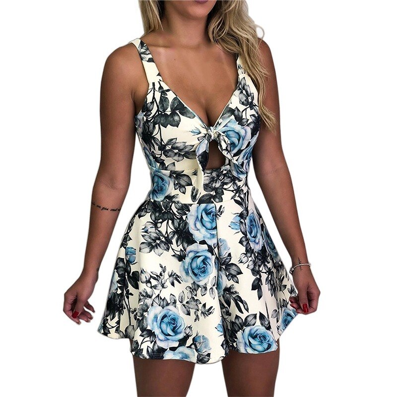 Women&#39;s Summer Print Jumpsuit Short Pants Casual Slim Bandage V-Neck Beach Rompers Sleeveless Bodysuit Sexy Playsuit