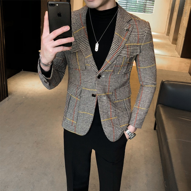 Vintage Plaid Blazer British Stylish Male Blazer Suit Jacket Business Casual Blazer Jacket Terno Masculino Mens Blazer Pattern