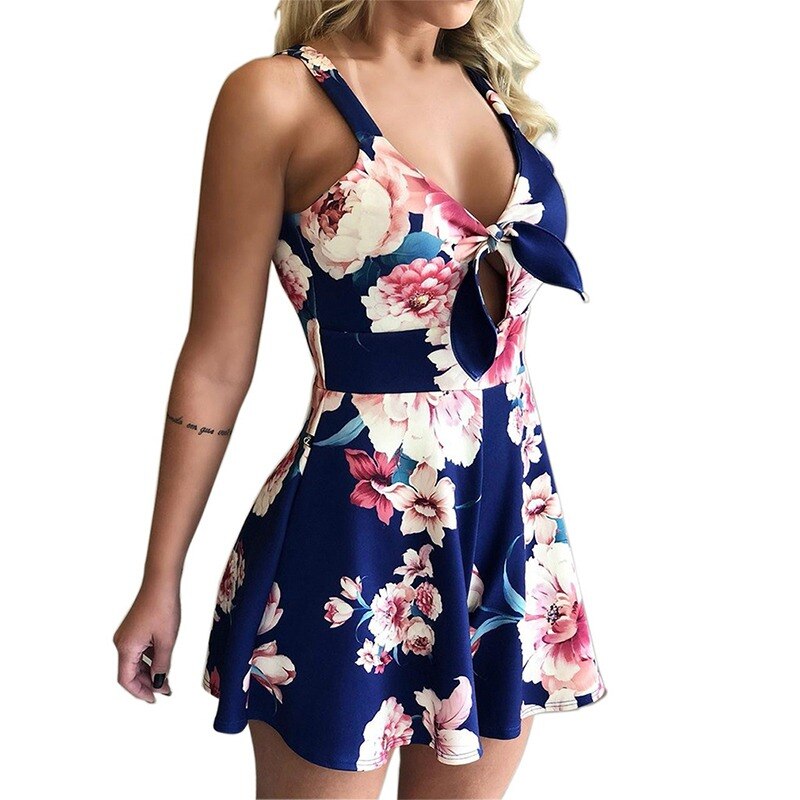 Women&#39;s Summer Print Jumpsuit Short Pants Casual Slim Bandage V-Neck Beach Rompers Sleeveless Bodysuit Sexy Playsuit