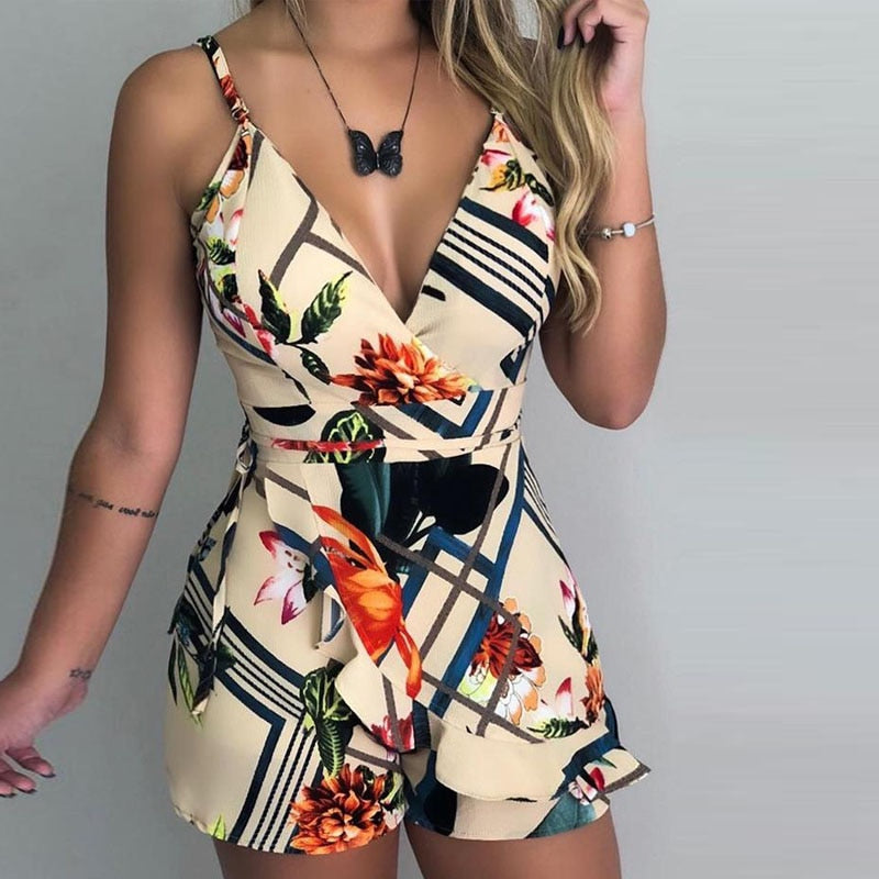 Sexy V-neck Spaghetti Strap Floral Print Women Short Romper Playsuit Female Beach Ruffle Sleeveless 2021 Fashion Casual Jumpsuit