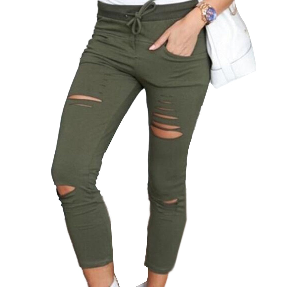 Solid Color Womens trousers Drawstring-High Waist  Skinny Ripped