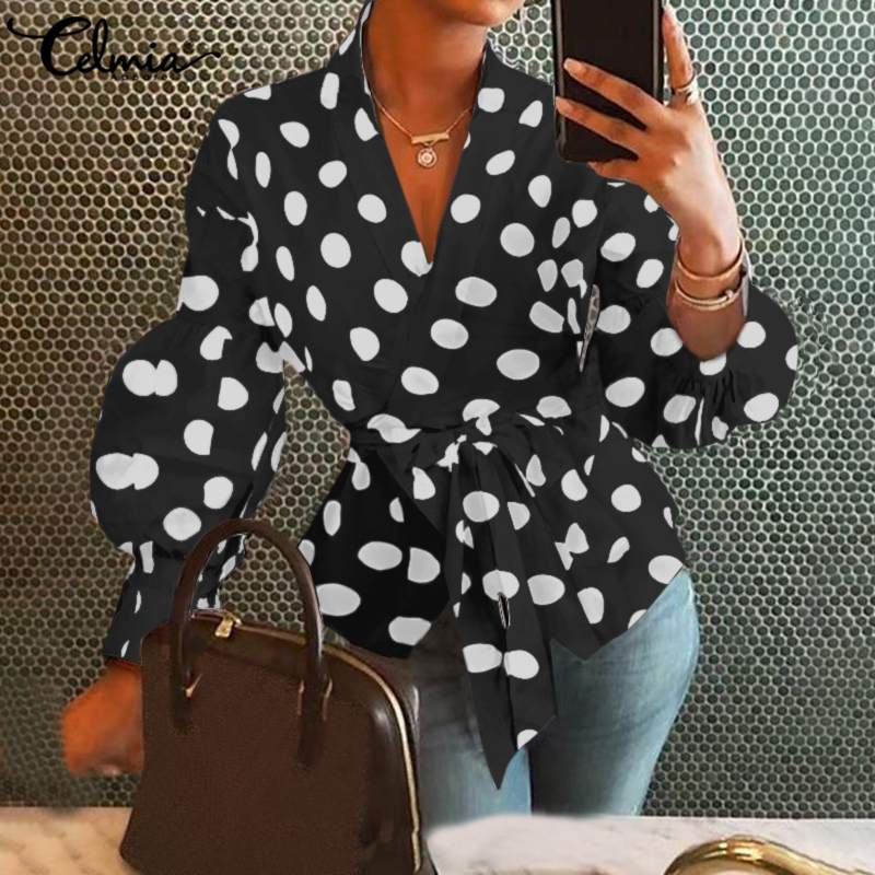 Celmia Women Tops Blouse 2022 Autumn Sexy V-neck Point Dot Elegant Party Shirt Casual Loose Belted Lantern Sleeve Tunic Blusas