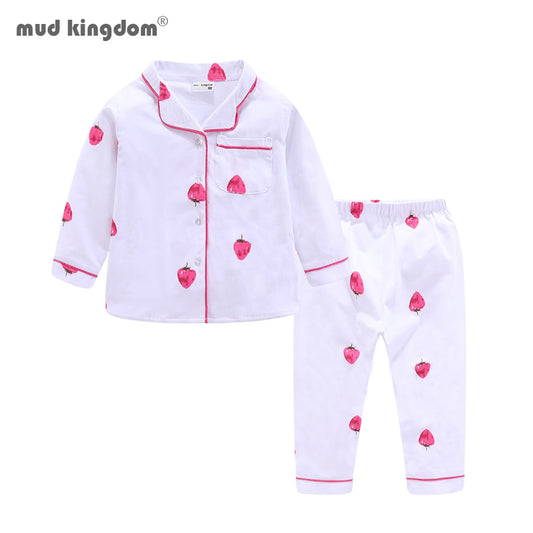 Mudkingdom Strawberry Girls Pajamas Set with Collar Soft Cotton Girl Jammies Pajama Outfit Long Sleeve and Pants Sleepwear Suit