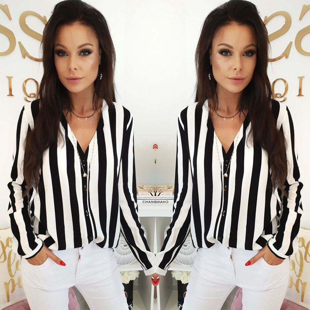 Summer Sexy Women Striped Shirt Black White Elegant V Neck Button Blouse OL Casual Loose Tops Vintage Camisa Feminina