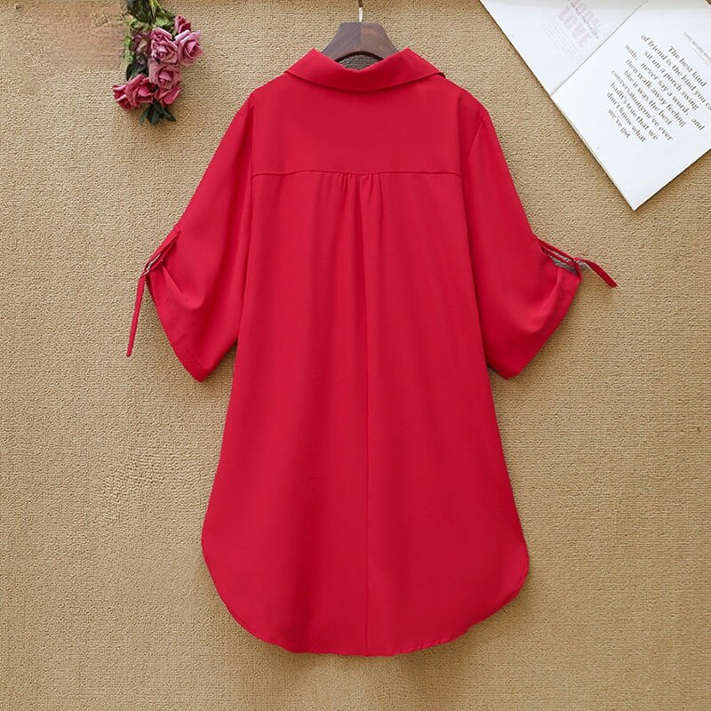 Plus Size Women Solid color Loose Blouse Short Sleeve Turn-Down Collar Button Shirts Chic Oversized Casual Office Mid-length top