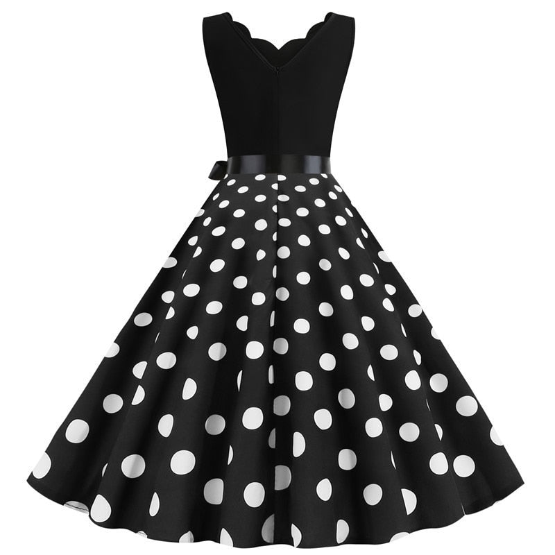 Polka Dot Print Vintage Women Summer Dress Black Patchwork Sleeveless V neck Elegant Party Dresses Casual Robe Midi