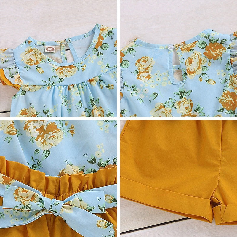 Menoea Kids Clothes Suits 2021 Children Fly-Sleeve Flower Pattern Tops Bow Belt Short Pants 2Pcs Clothes Suits For Girls Sets