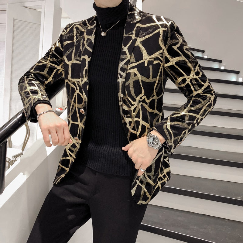 2020 New Blazer Men Korean Slim Fit Print Mens Blazer Jacket Long Sleeve Casual Hairstylist Suit Jacket Dress Blazer Masculino