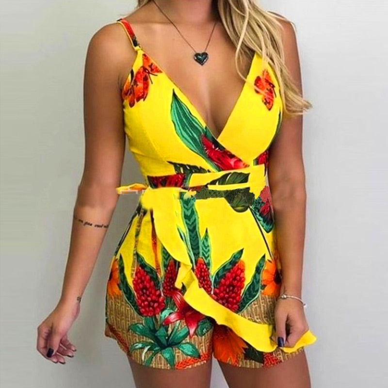 Sexy V-neck Spaghetti Strap Floral Print Women Short Romper Playsuit Female Beach Ruffle Sleeveless 2021 Fashion Casual Jumpsuit